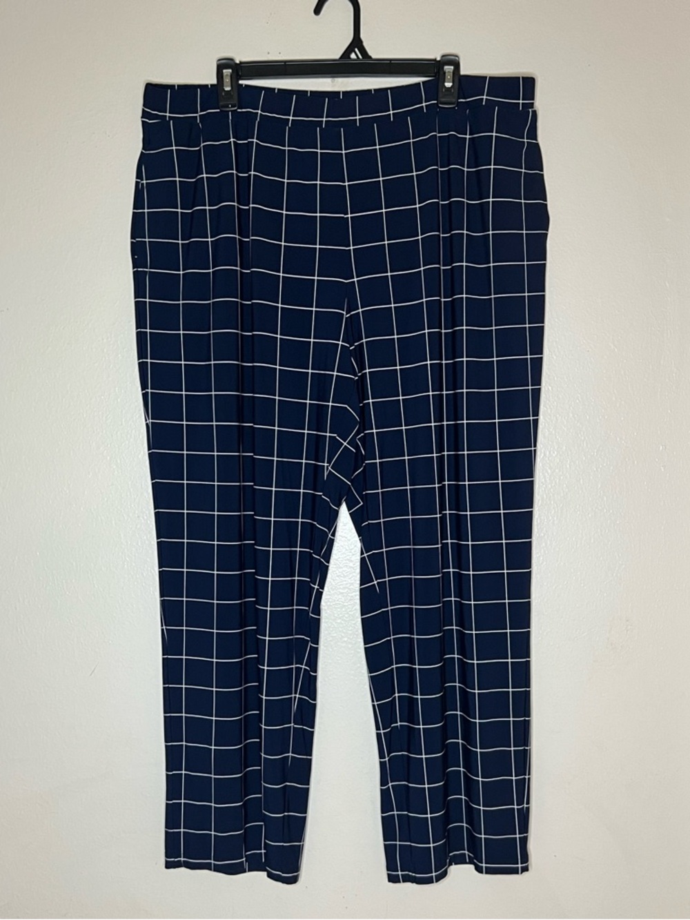 Susan Graver Women's Navy Pants Sz 1X Plaid Printed Liquid Knit Pull-On